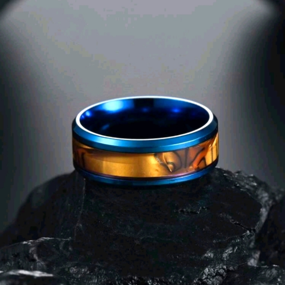 New 8mm Minimalist Wood Look  Inlay Blue Trim Band size 9 Unisex
